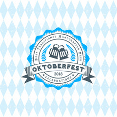 Wall Mural - Beer festival Oktoberfest celebrations. Vintage beer badge on the traditional Bavarian linen flag background