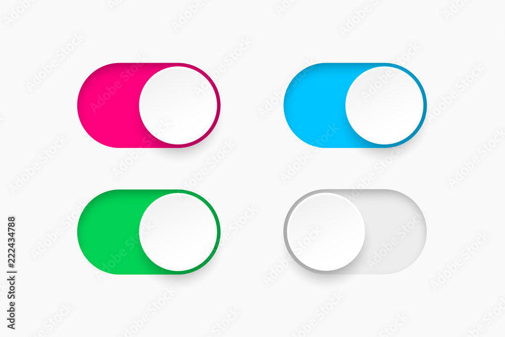 On and Off toggle switch buttons. Material design switch  buttons set. Vector illustration. - obrazy, fototapety, plakaty 