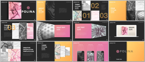 Wall Mural - Minimal presentations design, portfolio vector templates with elements on black background. Multipurpose template for presentation slide, flyer leaflet, brochure cover, report, marketing, advertising.