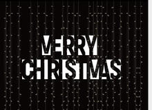 Merry Christmas Vector Banner, White Text, Negative Space Style Letters On Black Background With Lights. December Holiday Poster.