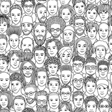 Men - Hand Drawn Seamless Pattern Of A Crowd Of Different Men From Diverse Ethnic Backgrounds In Black And White