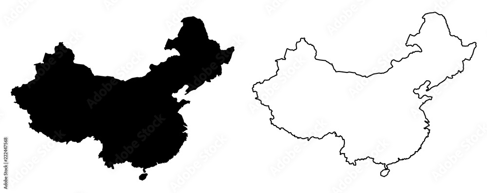 Simple (only sharp corners) map of China vector drawing. Filled and outline version - obrazy, fototapety, plakaty 