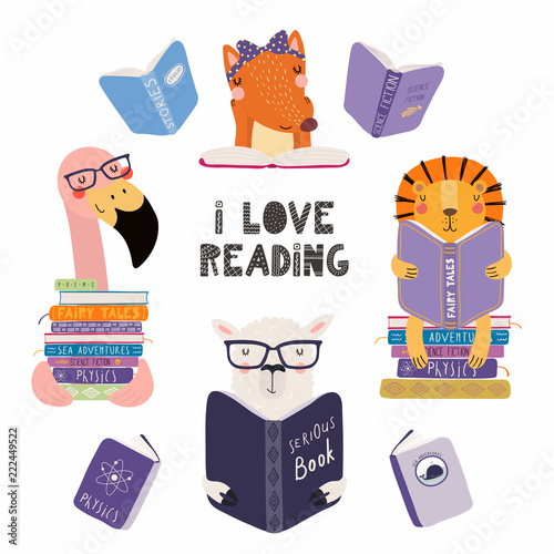 Set of cute funny animals with books, lion, llama, flamingo, fox, with quote....