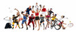 © master1305 - Attack. Sport collage about kickboxing, soccer, american football, basketball, ice hockey, badminton, taekwondo, aikido, tennis, rugby players and gymnast isolated on blue background with copy space
