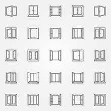 Window Outline Icons Set. Vector Open Windows Symbols