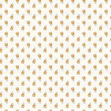 Seamless Repeat Pattern With Corn Candy On White. Hand Drawn Vector Illustration. Line Drawing. Design Concept For Halloween Party, Textile Print, Wallpaper, Wrapping Paper.