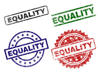 EQUALITY seal stamps with distress surface. Black, green,red,blue vector rubber prints of EQUALITY title with scratched surface. Rubber seals with round, rectangle, rosette shapes.