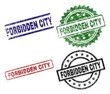 FORBIDDEN CITY Seal Prints With Damaged Texture. Black, Green,red,blue Vector Rubber Prints Of FORBIDDEN CITY Caption With Corroded Texture. Rubber Seals With Round, Rectangle, Medal Shapes.