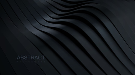 Poster - Black wavy stripes background. Abstract papercut decoration. 3d topography relief. Vector realistic illustration. Modern cover layout template. Architectural concept