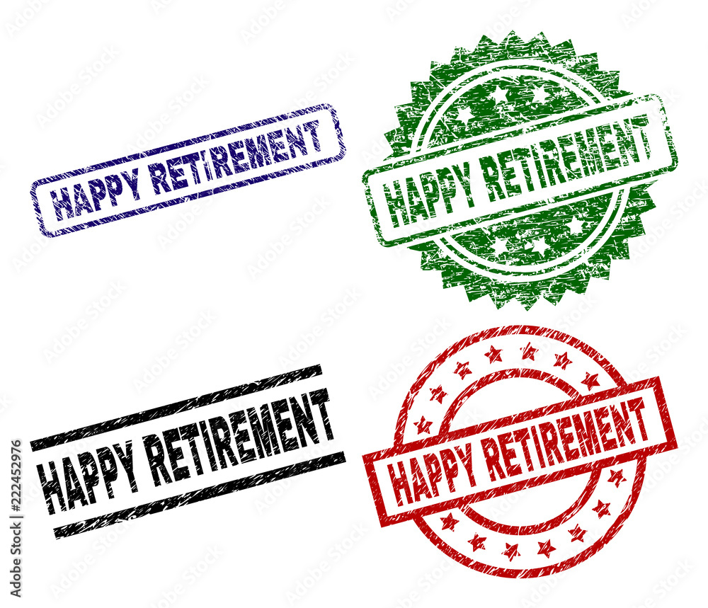 HAPPY RETIREMENT seal prints with distress texture. Black, green,red ...