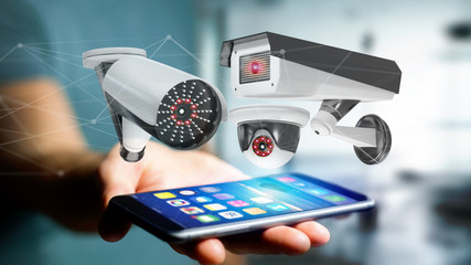 Poster - Businessman using a smartphone with a Security camera system and network connection - 3d rendering