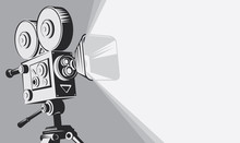 Vector Black And White Background With Lighting Old Fashioned Movie Camera On The Tripod. Can Used For Banner, Poster, Web Page, Background