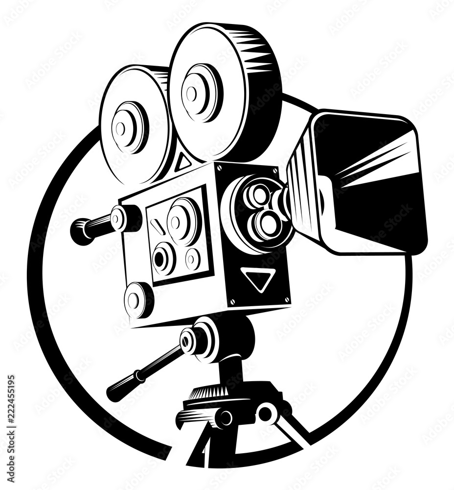 Icon black retro movie camera on a tripod. Vector illustration isolated ...