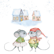 Watercolor Winter Set. Mice And Houses