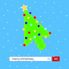 Fototapete - Search bar with text Merry christmas and button go with christmas tree arrow  cursor pointer. Flat style design invitation to the xmas party postcard vector illustration isolated on snow background.