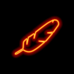 Poster - Simple icon of feather. Orange neon style on black background. L