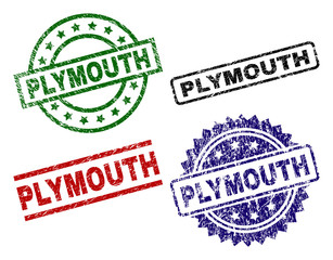 Wall Mural - PLYMOUTH seal prints with corroded style. Black, green,red,blue vector rubber prints of PLYMOUTH text with corroded style. Rubber seals with round, rectangle, rosette shapes.