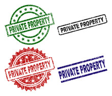 PRIVATE PROPERTY Seal Prints With Corroded Surface. Black, Green,red,blue Vector Rubber Prints Of PRIVATE PROPERTY Caption With Corroded Surface. Rubber Seals With Round, Rectangle, Medal Shapes.
