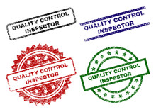 QUALITY CONTROL INSPECTOR Seal Prints With Corroded Texture. Black, Green,red,blue Vector Rubber Prints Of QUALITY CONTROL INSPECTOR Tag With Corroded Texture. Rubber Seals With Round, Rectangle,