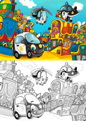 Wall Mural - cartoon scene with different vehicles in the city car and flying machines - plane and helicopter - with artistic coloring page - illustration for children