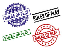 RULES OF PLAY Seal Prints With Corroded Texture. Black, Green,red,blue Vector Rubber Prints Of RULES OF PLAY Title With Grunge Texture. Rubber Seals With Circle, Rectangle, Rosette Shapes.