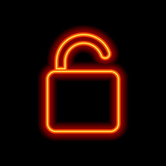 Poster - unlock icon. Orange neon style on black background. Light icon