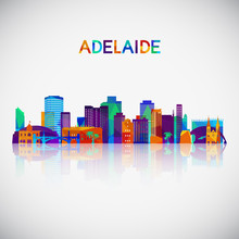 Adelaide Skyline Silhouette In Colorful Geometric Style. Symbol For Your Design. Vector Illustration.