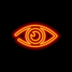 Poster - simple eye icon. Orange neon style on black background. Light ic