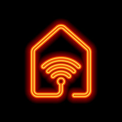 Poster - house with wifi icon. line style. Orange neon style on black bac