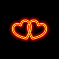 Poster - linked hearts icon. Orange neon style on black background. Light