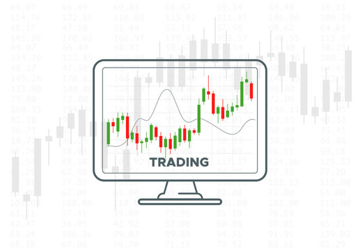 Forex trading graph. Vector financial technology illustration. Investment strategies or online trading concept. Desktop computer monitor with candlestick chart. Stock exchange indicators.