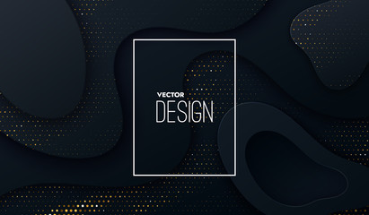Poster - Abstract 3d background with black paper layers. Vector geometric illustration of carbon sliced shapes textured with golden glittering dots. Graphic design element. Elegant decoration