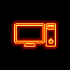 Poster - Personal computer, pc. System unit and monitor. Orange neon styl