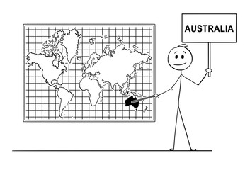 Poster - Cartoon stick drawing conceptual illustration of man using pointer and pointing at Commonwealth of Australia on big wall world map.