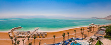 Aerial Panorama View Of The Dead Sea Beach Area Of Ein Bokek Resort In Israel