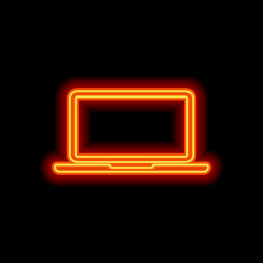 Poster - Laptop or notebook computer icon. Orange neon style on black bac