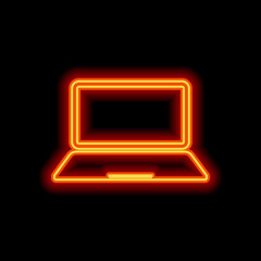 Poster - Laptop or notebook computer icon. Orange neon style on black bac