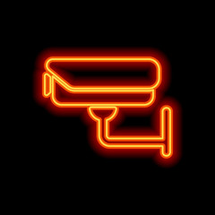 Poster - Security camera. Technology icon. Orange neon style on black bac