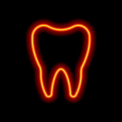 Poster - Silhouette of tooth. Simple icon. Orange neon style on black bac