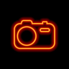 Poster - Simple photo camera. Technology icon. Orange neon style on black