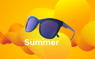 Poster - Hello Summer. Vector summertime illustration. Realistic 3d sunglasses and text label with abstract yellow and orange liquid color shapes. Seasonal poster. Fashion eyewear accessory design.