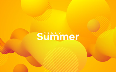 Poster - Hello Summer. Abstract 3d colorful shapes. Vector artistic seasonal illustration. Vibrant color gradient stream or cloud. Liquid blended fluids. Creativity concept. Visual communication poster design