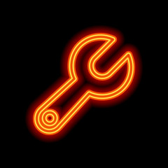 Poster - Simple wrench. Linear, thin outline. Orange neon style on black