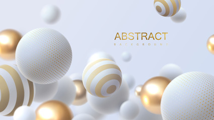 Poster - Falling white and golden soft spheres. Vector realistic illustration. Abstract background with 3d geometric shapes. Modern cover design. Ads banner template. Dynamic wallpaper with balls or particles