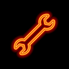 Poster - Wrench. Linear, thin outline. Orange neon style on black backgro
