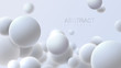 Falling white soft spheres. Vector realistic illustration. Abstract background with 3d geometric shapes. Modern cover design. Ads banner template. Dynamic wallpaper with balls or particles.