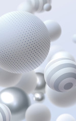 Poster - 3d flowing spheres. Vector abstract illustration of silver and white falling bubbles or balls. Modern trendy concept. Dynamic creative poster. Futuristic cover design. Vertical banner template
