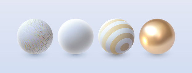 Poster - Abstract 3d spheres set. Vector illustration. Decoration elements for design. White and golden shapes textured with geometric patterns.