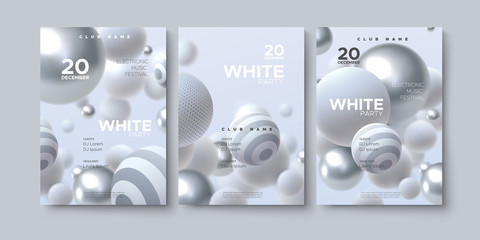 Poster - Electronic music festival advertising poster. Modern club white party invitation. Vector illustration with 3d abstract spheres. Dynamic bouncing white and silver balls. Dance music event cover