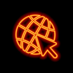 Poster - Globe and arrow icon. Orange neon style on black background. Lig